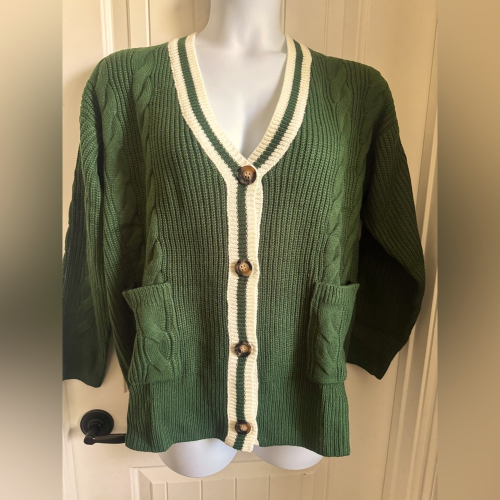 NWT Pine Green Cable Knit Cardigan Color Block Long Sleeve Pockets, Large